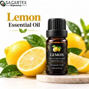Lemon Essential Oil 10ml is presented with fresh lemon slices and green leaves, highlighting its bright citrus character. Ideal for aromatherapy, personal care, massage blends, home fragrance, and everyday wellness use.