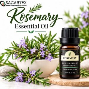 Rosemary Essential Oil 10ml bottle with fresh rosemary leaves and purple flowers, ideal for aromatherapy, haircare, and wellness use.