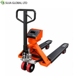 Hand Pallet Truck 3000kg with integrated electronic weight scale, hydraulic handle, and durable PU wheels.