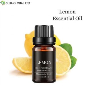 Lemon Essential Oil 10ml bottle with fresh lemon slices and citrus leaves, available at the latest price in Bangladesh.