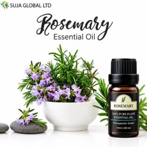 Rosemary Essential Oil 10ml bottle with fresh rosemary leaves and purple flowers, ideal for aromatherapy, haircare, and wellness use.
